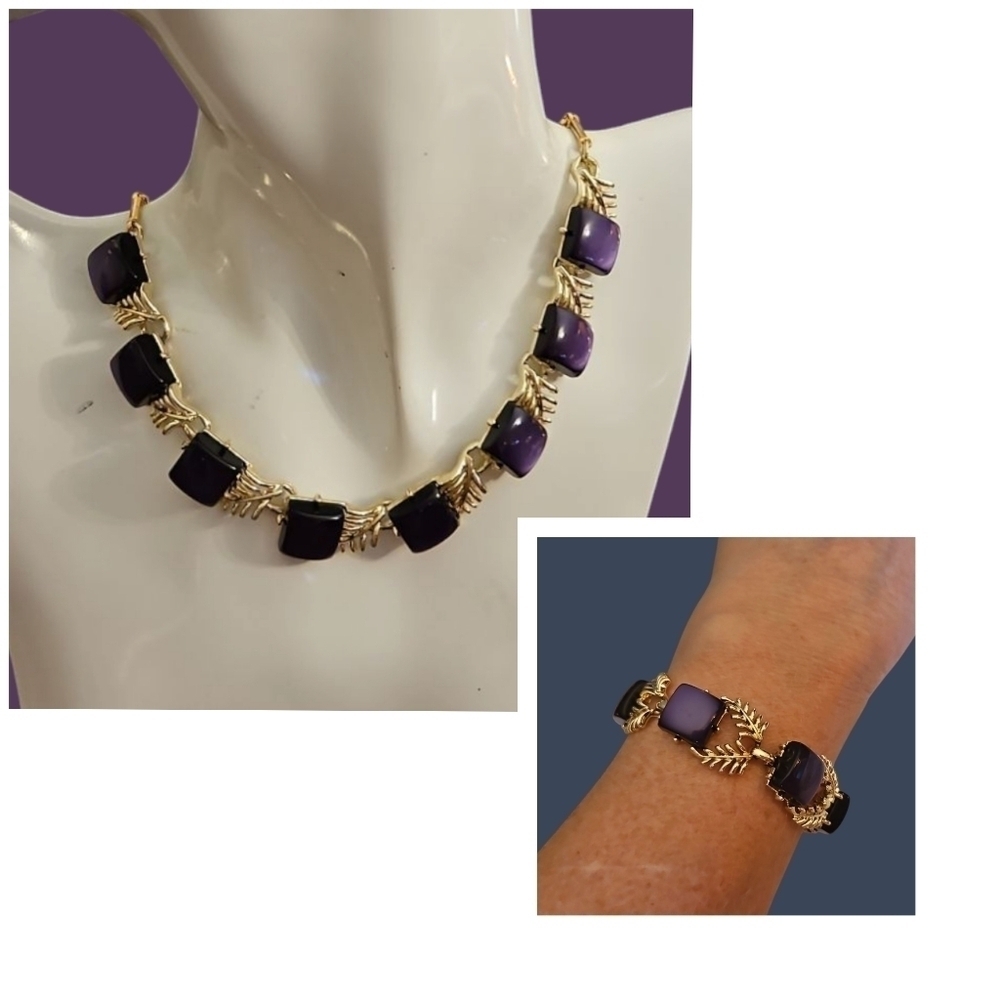 VTG CORO 1940s Purple Botanical Square Thermoset Choker Necklace Bracelet Set